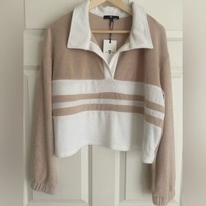 7 FOR ALL MANKIND Collared Cropped Sweatshirt Size XL NWT White Tan Loose Fit